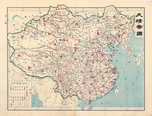 Tấm bản đồ trong sách "Đại Thanh đế quốc toàn đồ, Tuyên Thống nguyên niên (1908)" (大清帝国全图 宣统元年)